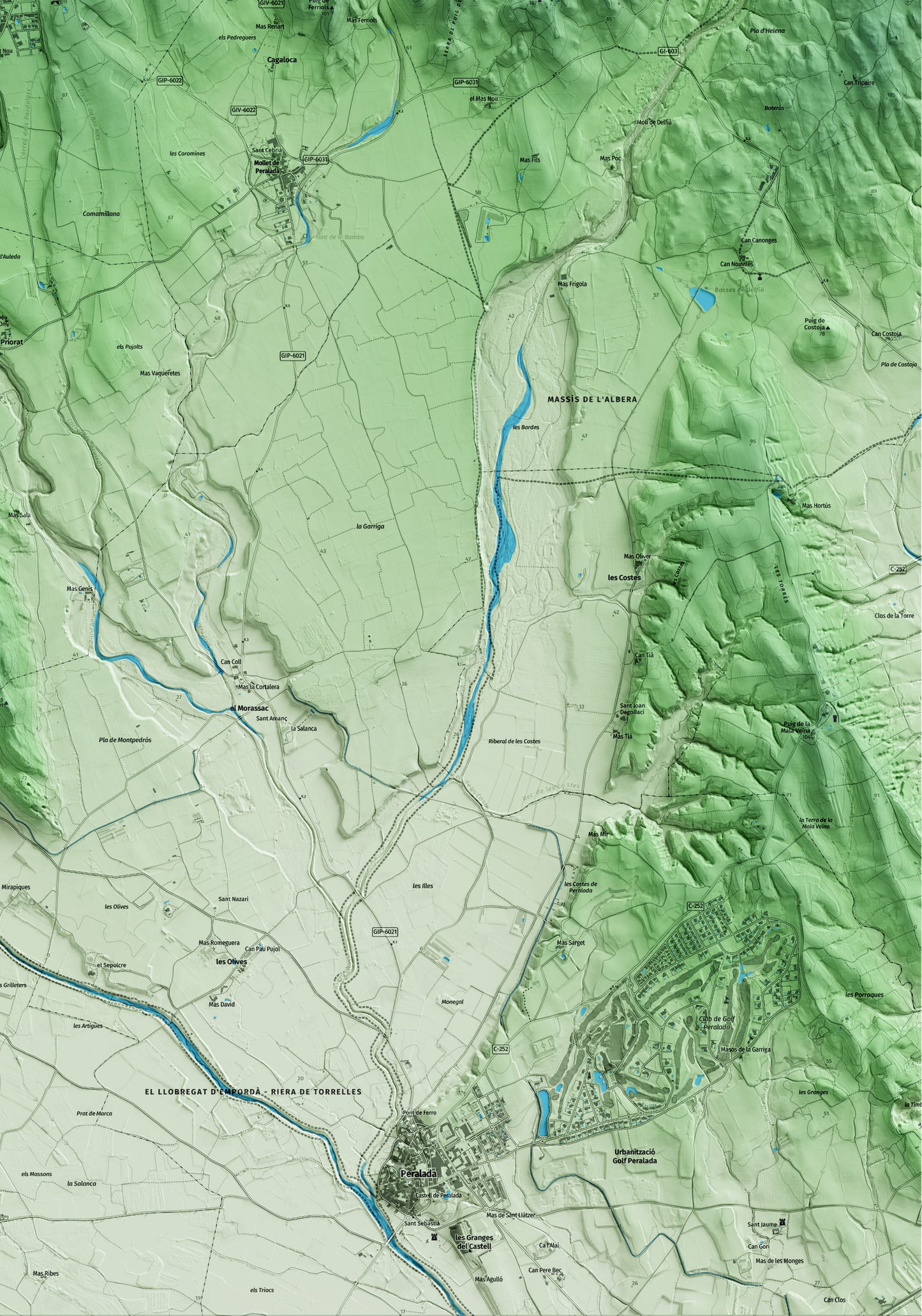 Mapa artístico del relieve de Sant Climent Sescebes, al Alt Empordà, con 15 km de entorno y base topográfica ICGC. Detalle de la zona inferior derecha.