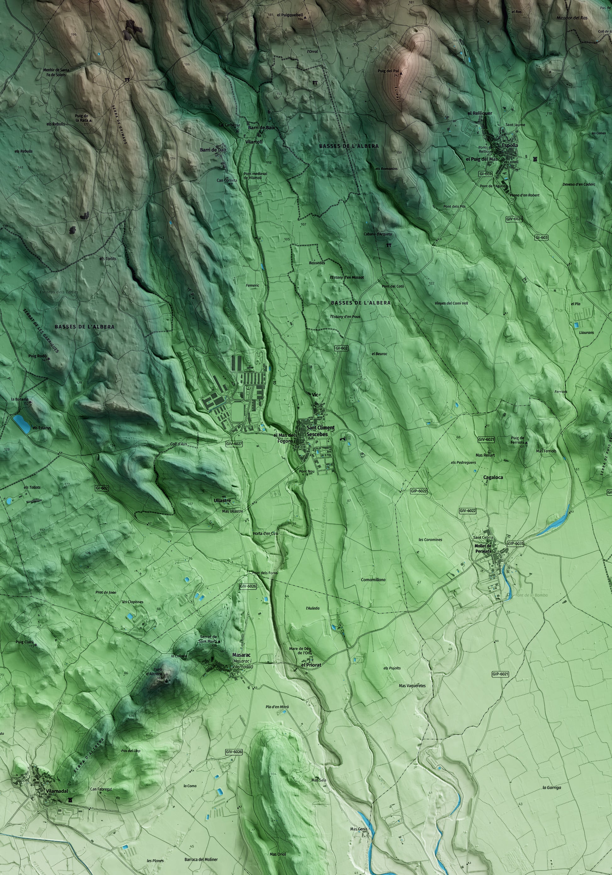 Mapa artístico del relieve de Sant Climent Sescebes, al Alt Empordà, con 15 km de entorno y base topográfica ICGC. Detalle de la zona central.