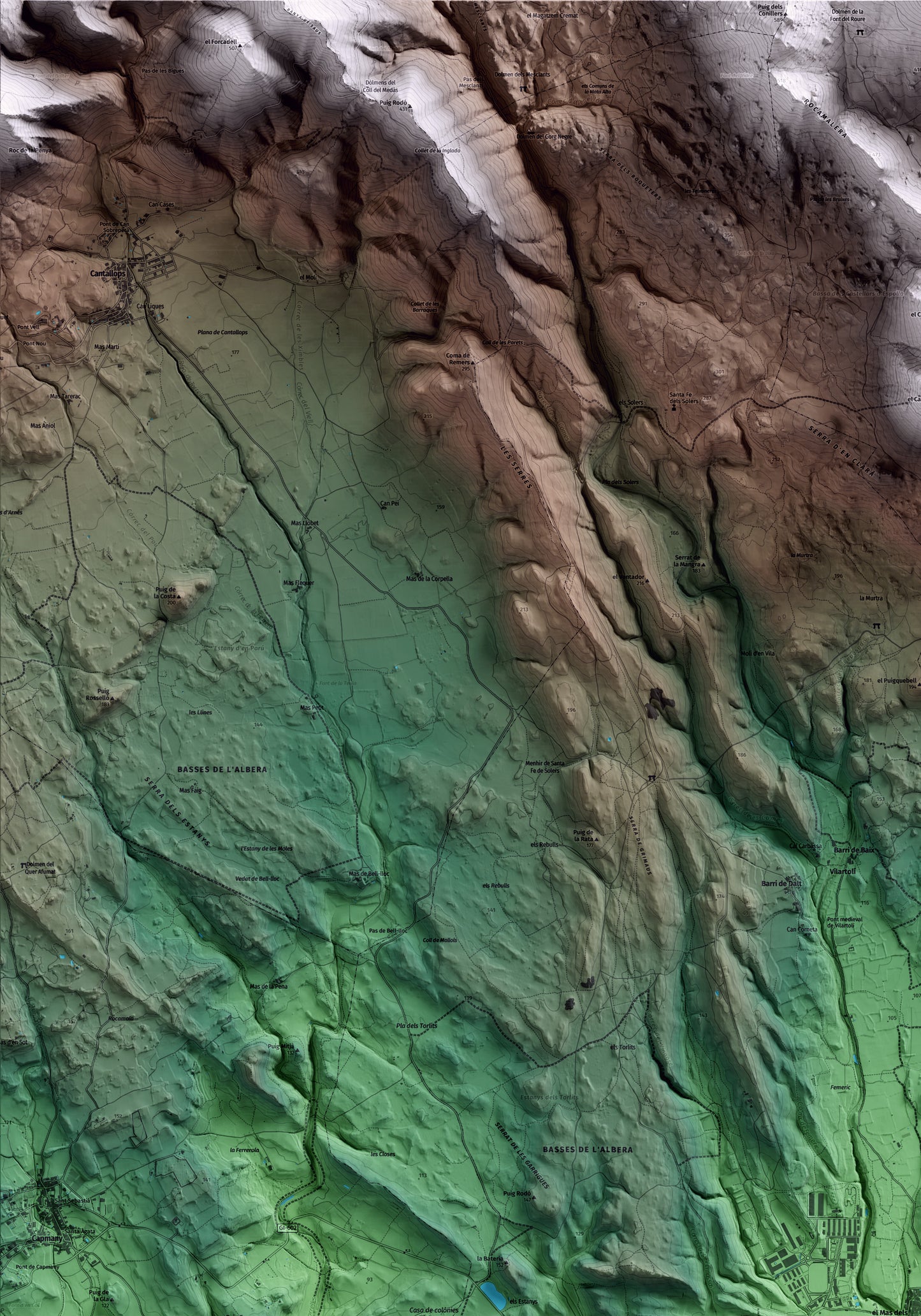 Mapa artístico del relieve de Sant Climent Sescebes, al Alt Empordà, con 15 km de entorno y base topográfica ICGC. Detalle de la zona superior izquierda.