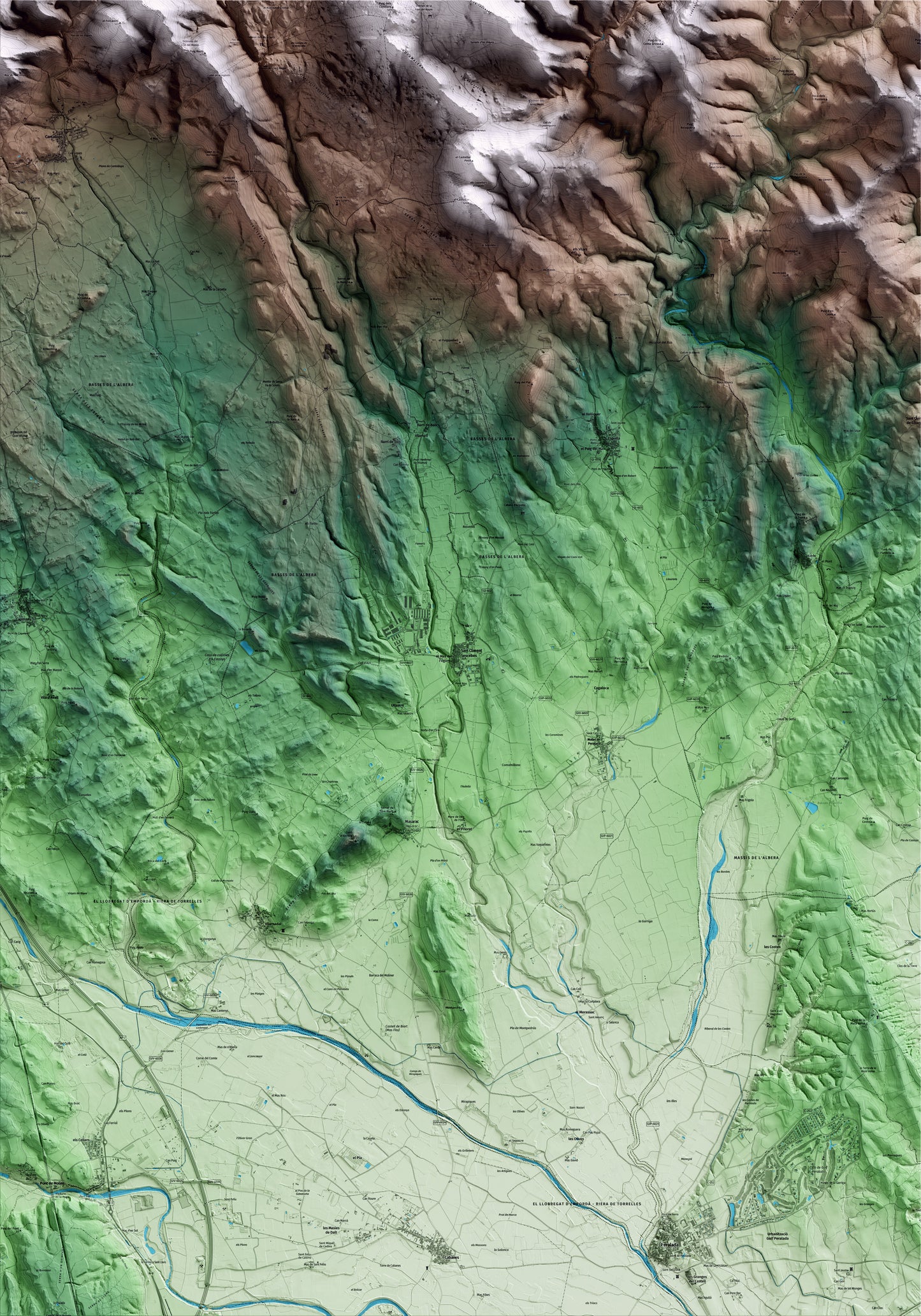 Mapa artístico del relieve de Sant Climent Sescebes, al Alt Empordà, con 15 km de entorno y base topográfica ICGC