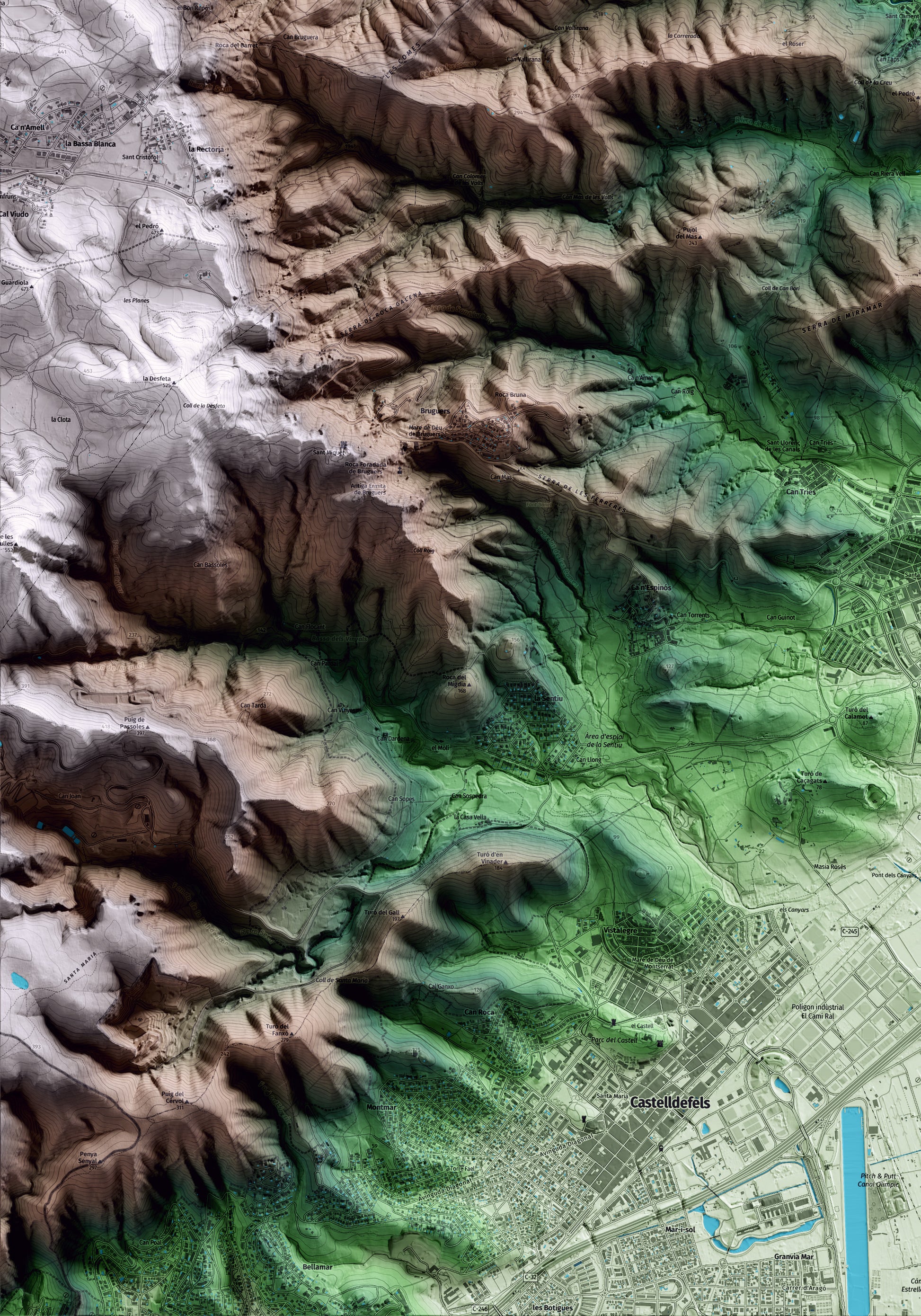 Mapa artístico del relieve de Sant Climent de Llobregat, al Baix Llobregat, con 15 km de entorno y base topográfica ICGC. Detalle de la zona inferior izquierda.