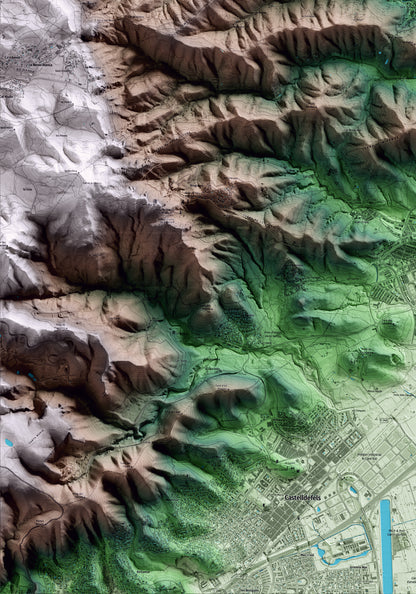 Mapa artístico del relieve de Sant Climent de Llobregat, al Baix Llobregat, con 15 km de entorno y base topográfica ICGC. Detalle de la zona inferior izquierda.
