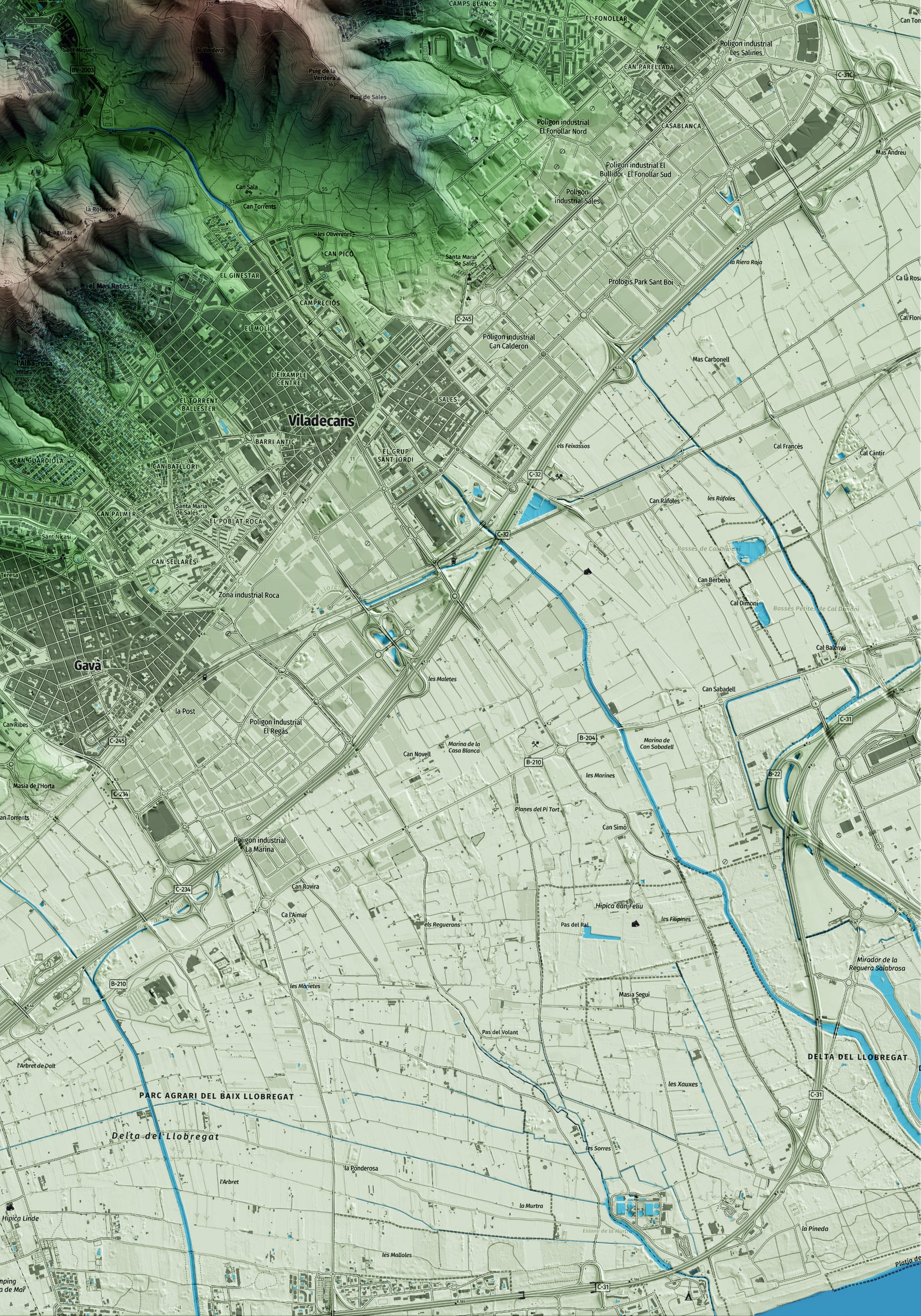 Mapa artístico del relieve de Sant Climent de Llobregat, al Baix Llobregat, con 15 km de entorno y base topográfica ICGC. Detalle de la zona inferior derecha.