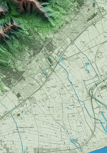 Mapa artístico del relieve de Sant Climent de Llobregat, al Baix Llobregat, con 15 km de entorno y base topográfica ICGC. Detalle de la zona inferior derecha.