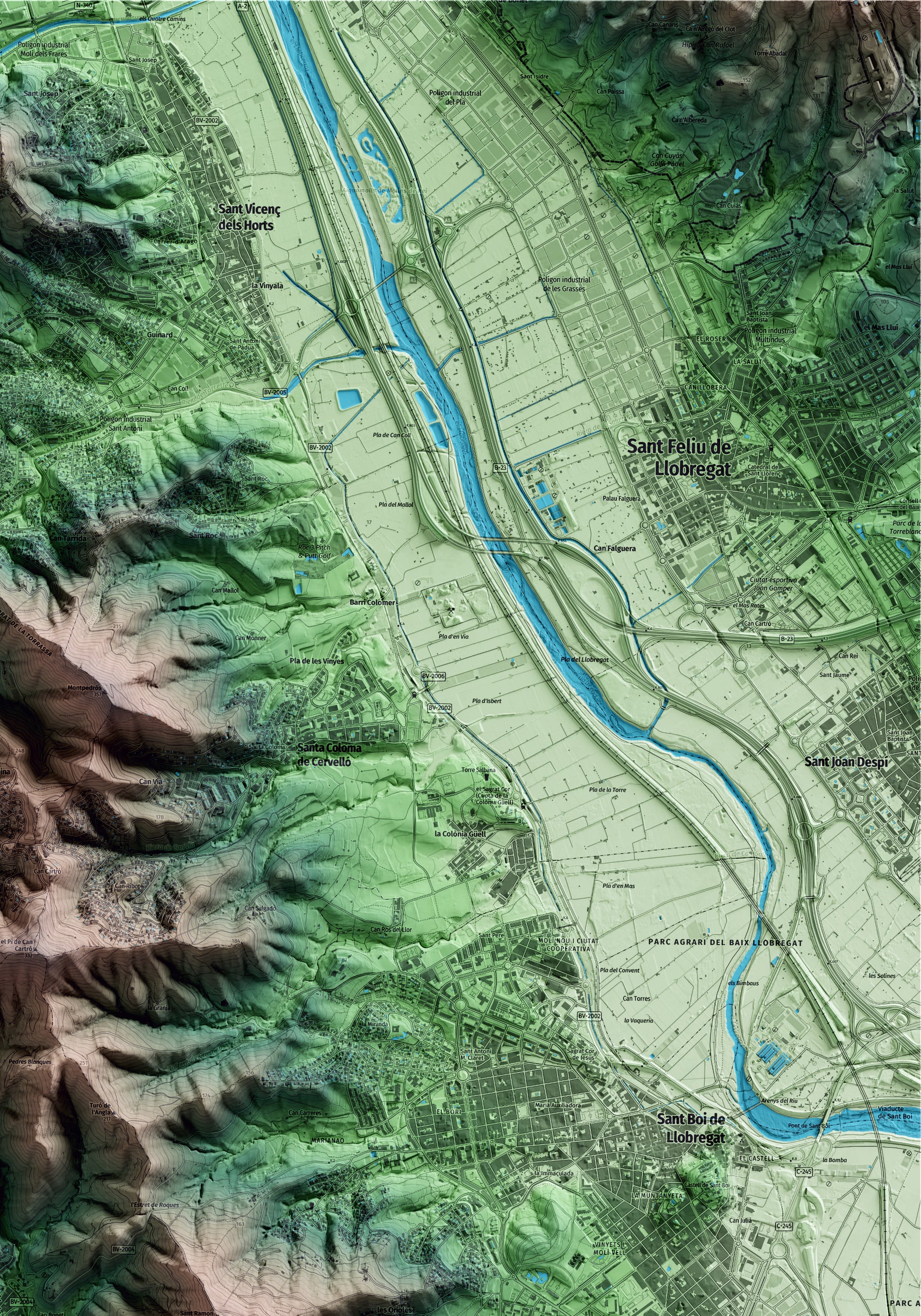 Mapa artístico del relieve de Sant Climent de Llobregat, al Baix Llobregat, con 15 km de entorno y base topográfica ICGC. Detalle de la zona superior derecha.