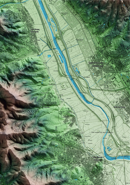 Mapa artístico del relieve de Sant Climent de Llobregat, al Baix Llobregat, con 15 km de entorno y base topográfica ICGC. Detalle de la zona superior derecha.