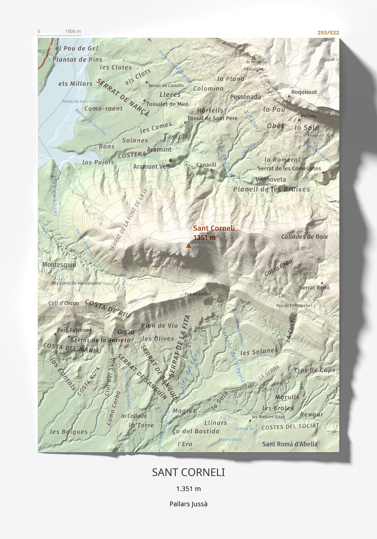 Mapa de relieve de Sant Corneli, 1351 m, Pallars Jussà, lámina 100 Cims de Trobart 21 × 30 cm.