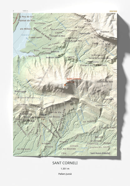 Mapa de relieve de Sant Corneli, 1351 m, Pallars Jussà, lámina 100 Cims de Trobart 21 × 30 cm.