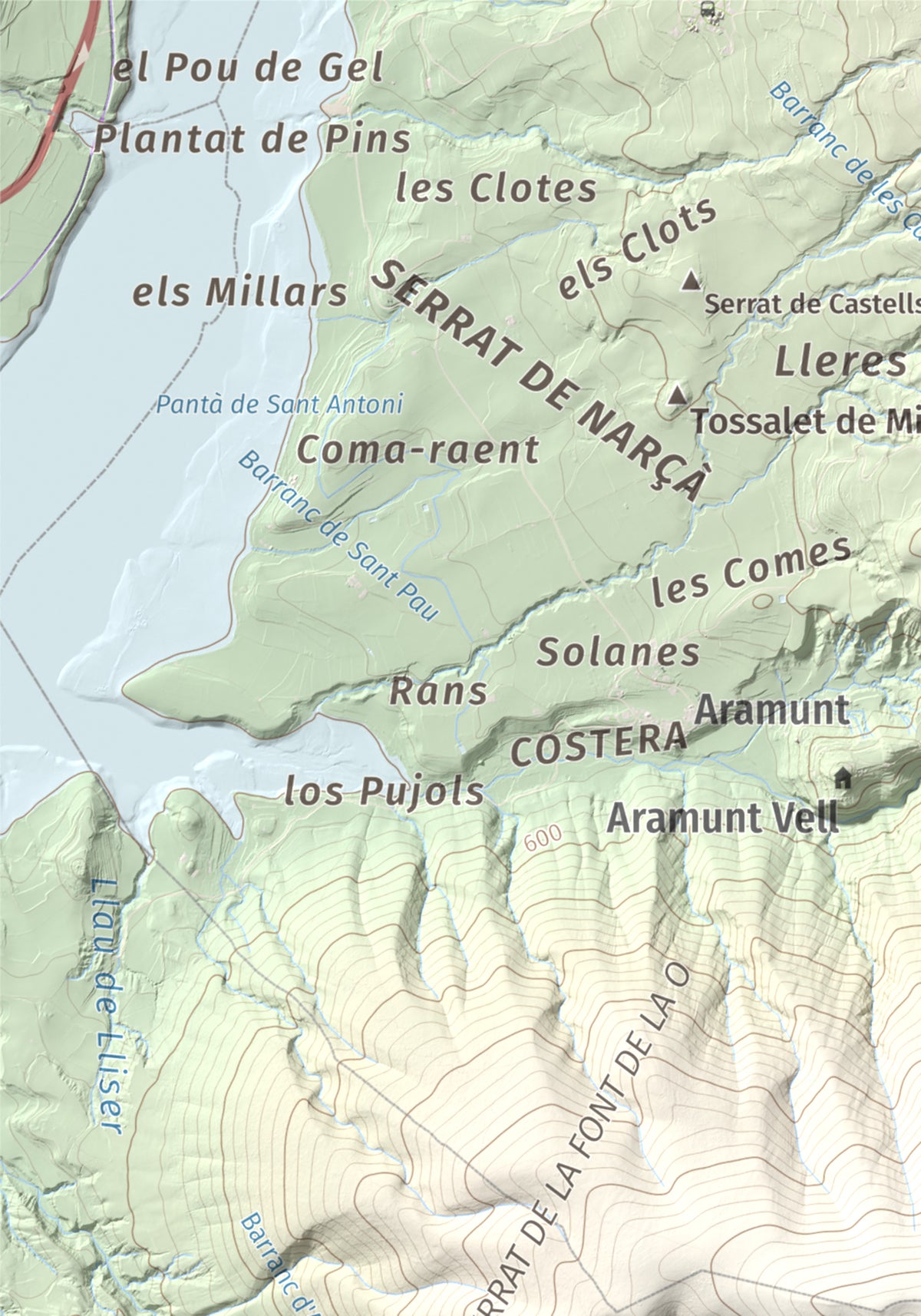 Mapa de relieve de Sant Corneli, 1351 m, Pallars Jussà, lámina 100 Cims de Trobart. Detalle de la zona superior izquierda. 21 × 30 cm.