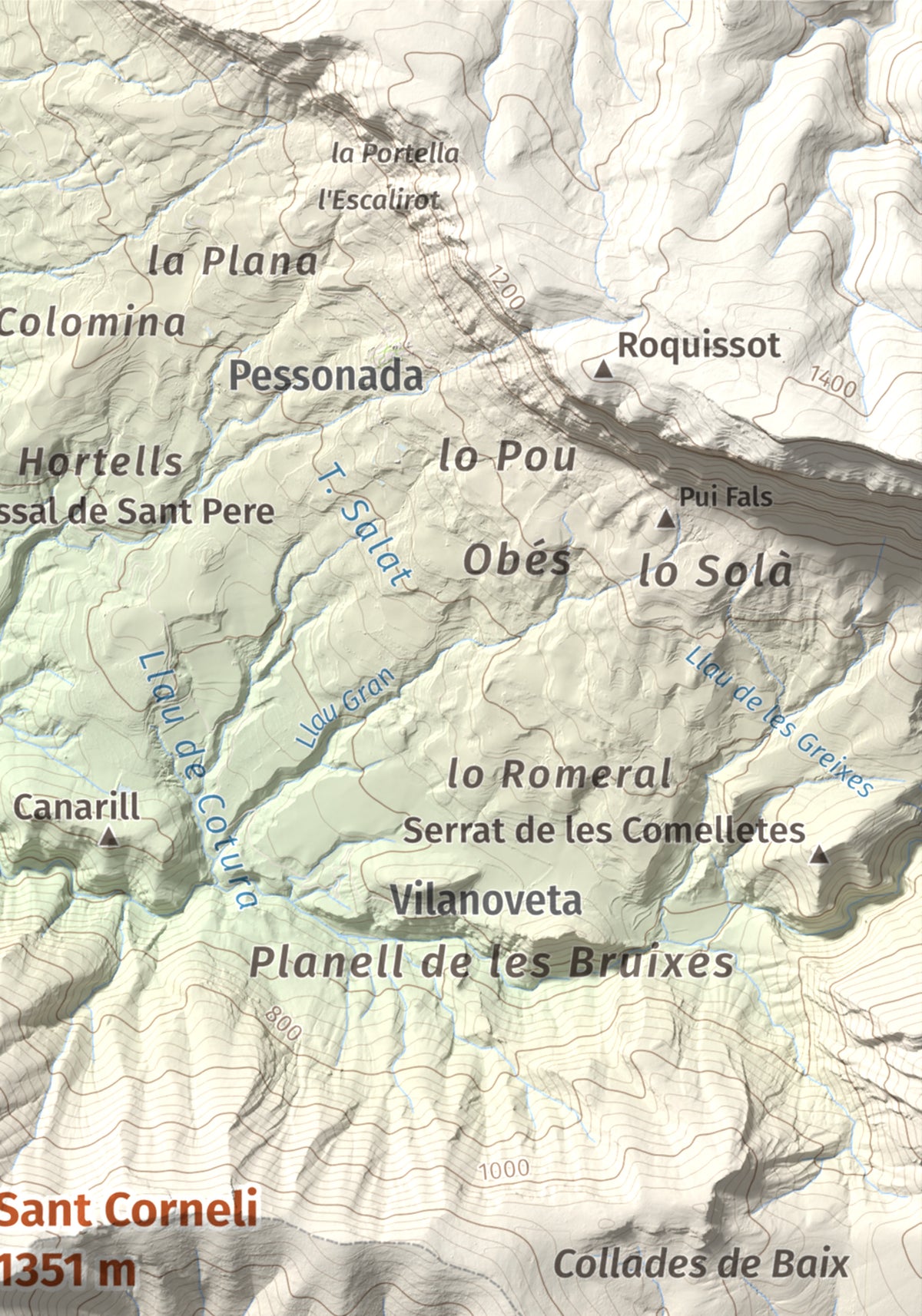 Mapa de relieve de Sant Corneli, 1351 m, Pallars Jussà, lámina 100 Cims de Trobart. Detalle de la zona superior derecha. 21 × 30 cm.