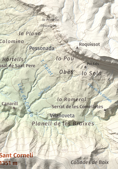 Mapa de relieve de Sant Corneli, 1351 m, Pallars Jussà, lámina 100 Cims de Trobart. Detalle de la zona superior derecha. 21 × 30 cm.