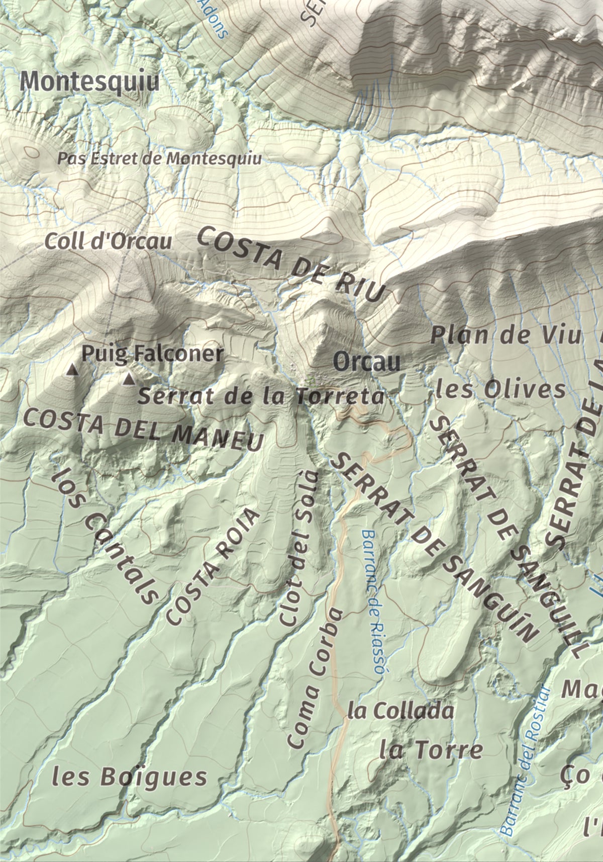 Mapa de relieve de Sant Corneli, 1351 m, Pallars Jussà, lámina 100 Cims de Trobart. Detalle de la zona inferior izquierda. 21 × 30 cm.