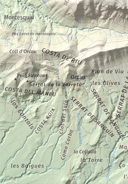 Mapa de relieve de Sant Corneli, 1351 m, Pallars Jussà, lámina 100 Cims de Trobart. Detalle de la zona inferior izquierda. 21 × 30 cm.