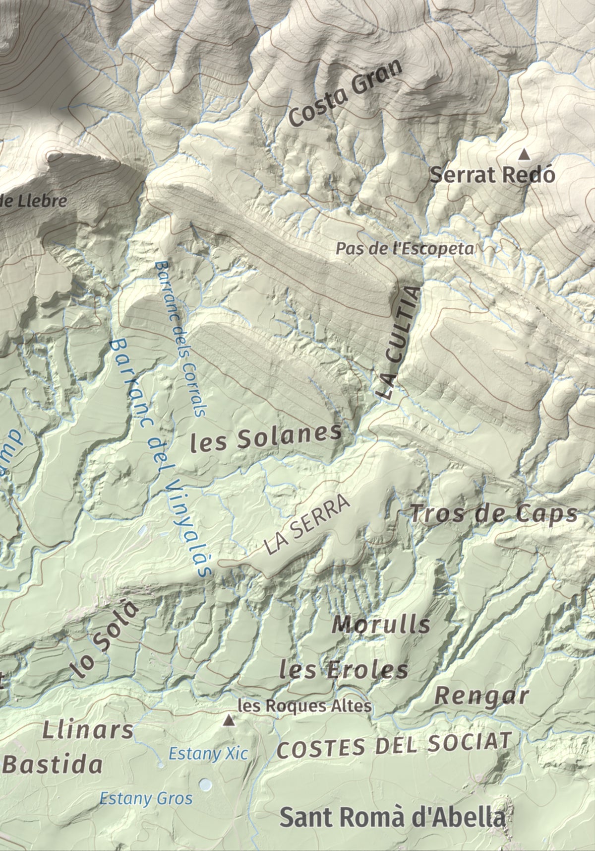 Mapa de relieve de Sant Corneli, 1351 m, Pallars Jussà, lámina 100 Cims de Trobart. Detalle de la zona inferior derecha. 21 × 30 cm.