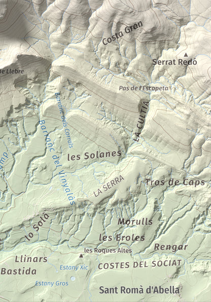 Mapa de relieve de Sant Corneli, 1351 m, Pallars Jussà, lámina 100 Cims de Trobart. Detalle de la zona inferior derecha. 21 × 30 cm.