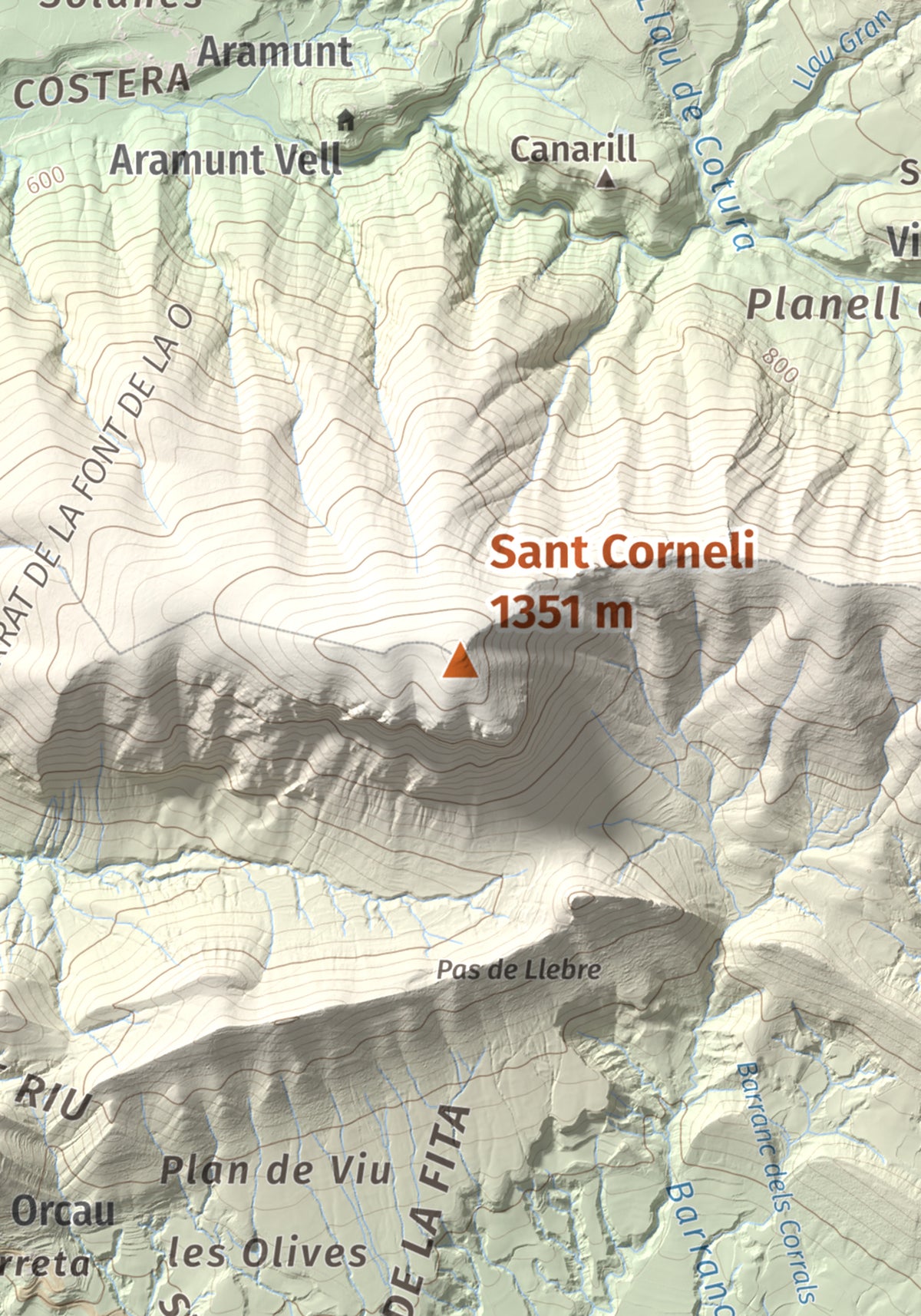 Mapa de relieve de Sant Corneli, 1351 m, Pallars Jussà, lámina 100 Cims de Trobart. Detalle de la zona central. 21 × 30 cm.