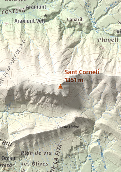 Mapa de relieve de Sant Corneli, 1351 m, Pallars Jussà, lámina 100 Cims de Trobart. Detalle de la zona central. 21 × 30 cm.