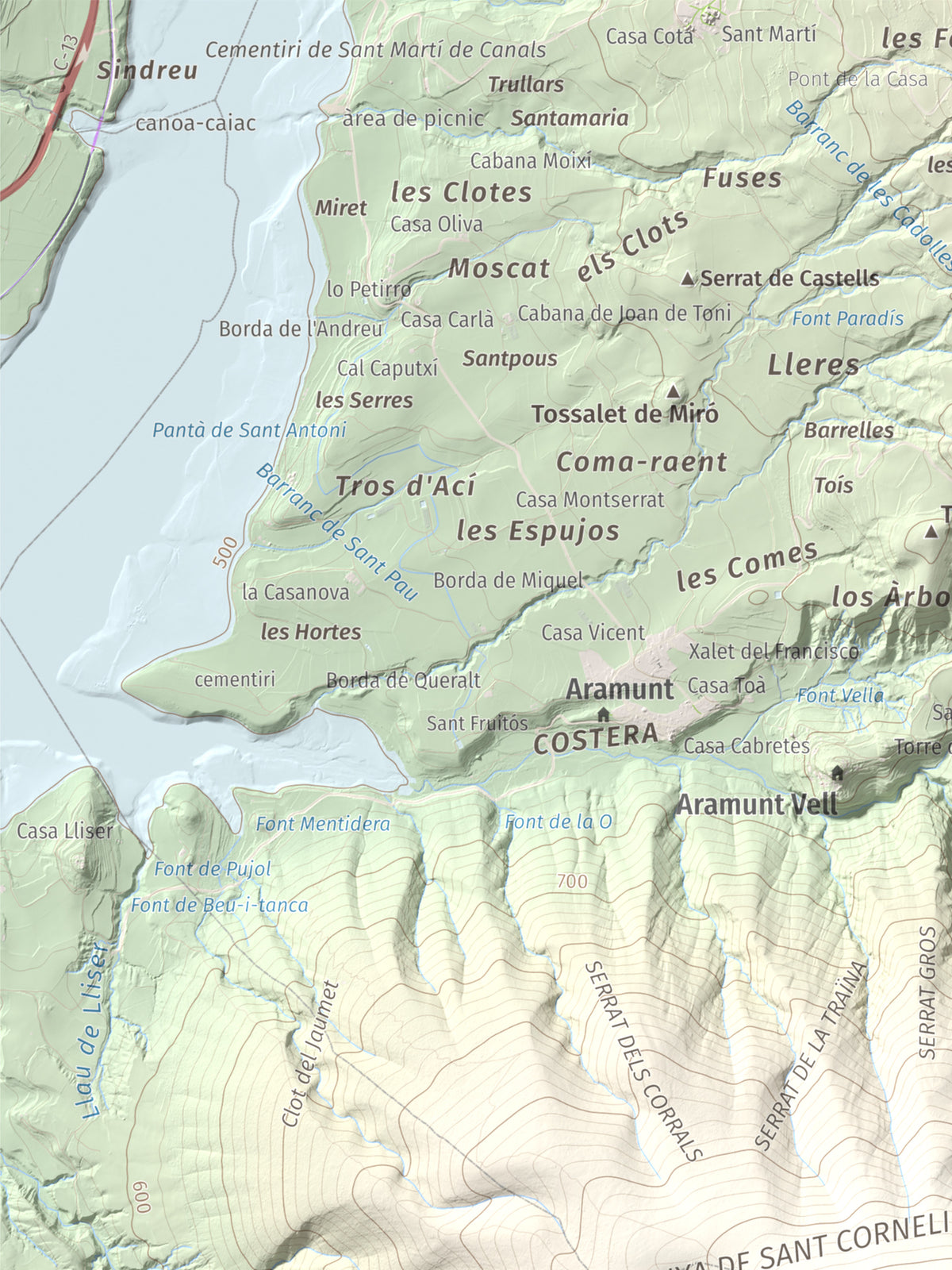 Mapa de relieve de Sant Corneli, 1351 m, Pallars Jussà, lámina 100 Cims de Trobart. Detalle de la zona superior izquierda. 30 × 40 cm.