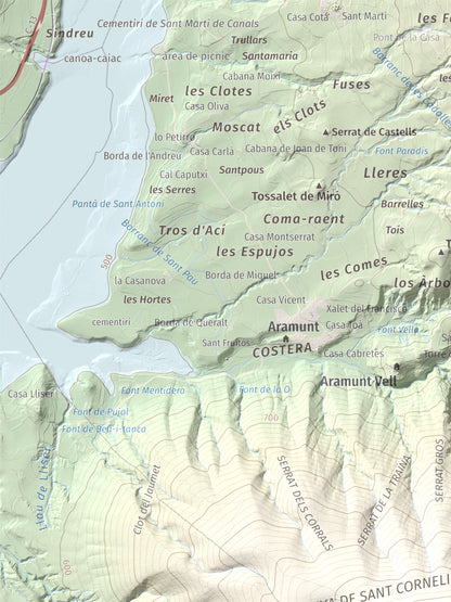 Mapa de relieve de Sant Corneli, 1351 m, Pallars Jussà, lámina 100 Cims de Trobart. Detalle de la zona superior izquierda. 30 × 40 cm.