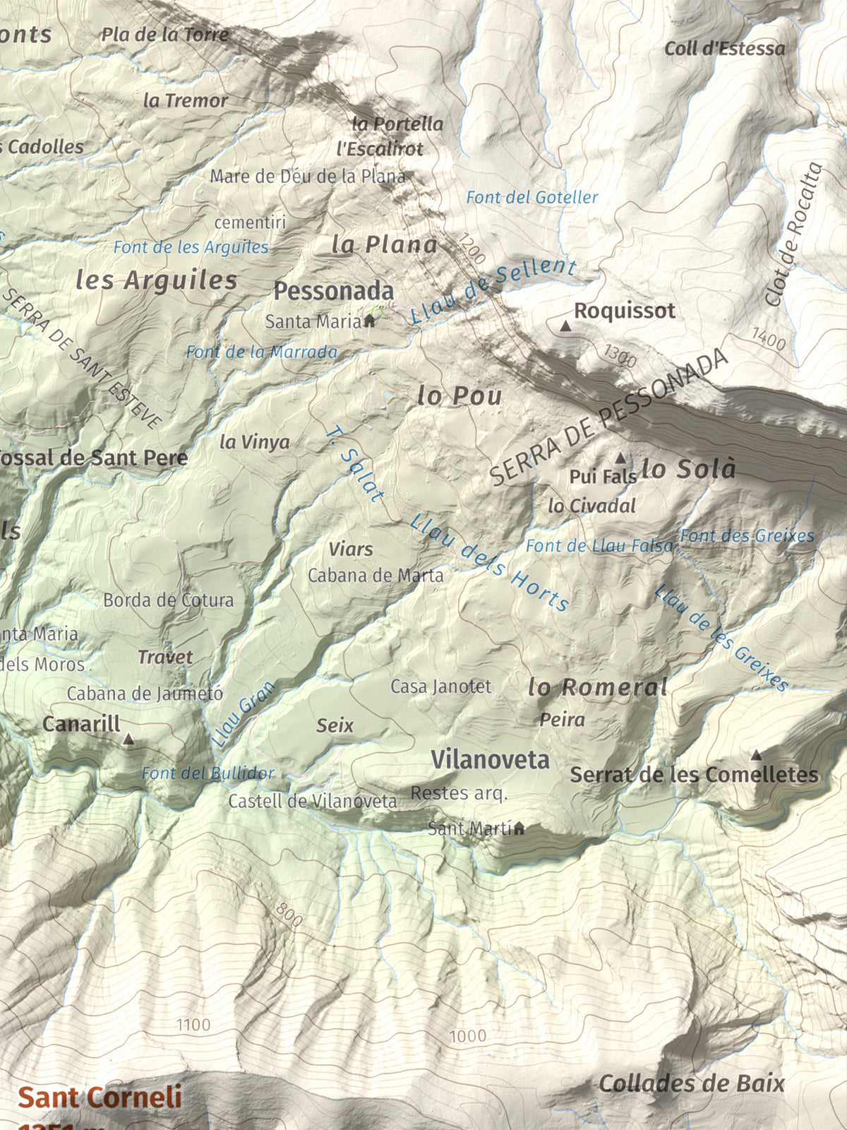 Mapa de relieve de Sant Corneli, 1351 m, Pallars Jussà, lámina 100 Cims de Trobart. Detalle de la zona superior derecha. 30 × 40 cm.
