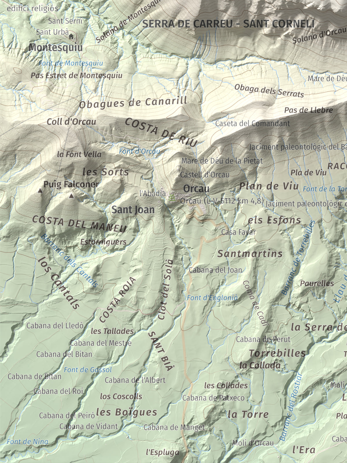 Mapa de relieve de Sant Corneli, 1351 m, Pallars Jussà, lámina 100 Cims de Trobart. Detalle de la zona inferior izquierda. 30 × 40 cm.