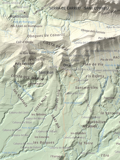 Mapa de relieve de Sant Corneli, 1351 m, Pallars Jussà, lámina 100 Cims de Trobart. Detalle de la zona inferior izquierda. 30 × 40 cm.