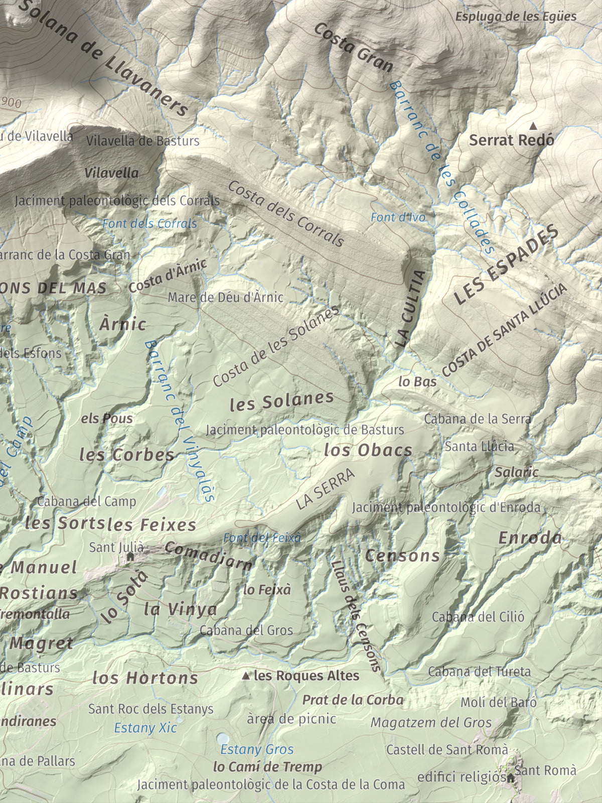 Mapa de relieve de Sant Corneli, 1351 m, Pallars Jussà, lámina 100 Cims de Trobart. Detalle de la zona inferior derecha. 30 × 40 cm.
