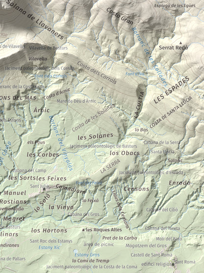 Mapa de relieve de Sant Corneli, 1351 m, Pallars Jussà, lámina 100 Cims de Trobart. Detalle de la zona inferior derecha. 30 × 40 cm.