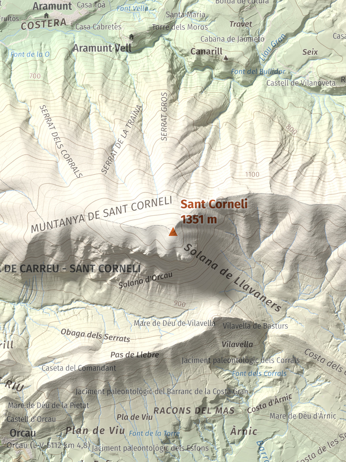 Mapa de relieve de Sant Corneli, 1351 m, Pallars Jussà, lámina 100 Cims de Trobart. Detalle de la zona central. 30 × 40 cm.
