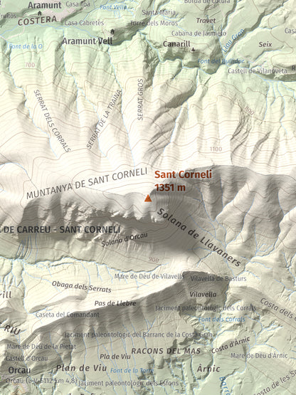 Mapa de relieve de Sant Corneli, 1351 m, Pallars Jussà, lámina 100 Cims de Trobart. Detalle de la zona central. 30 × 40 cm.