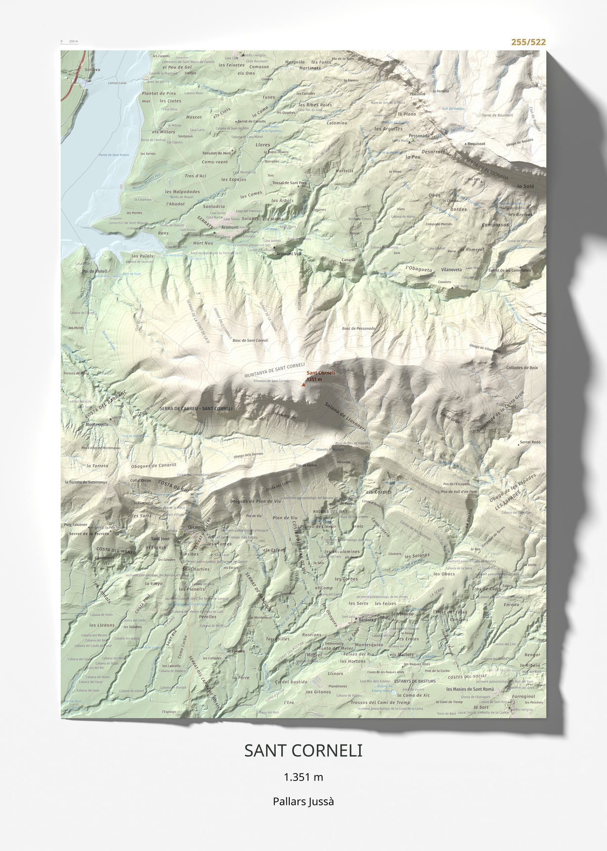 Mapa de relieve de Sant Corneli, 1351 m, Pallars Jussà, lámina 100 Cims de Trobart 50 × 70 cm.