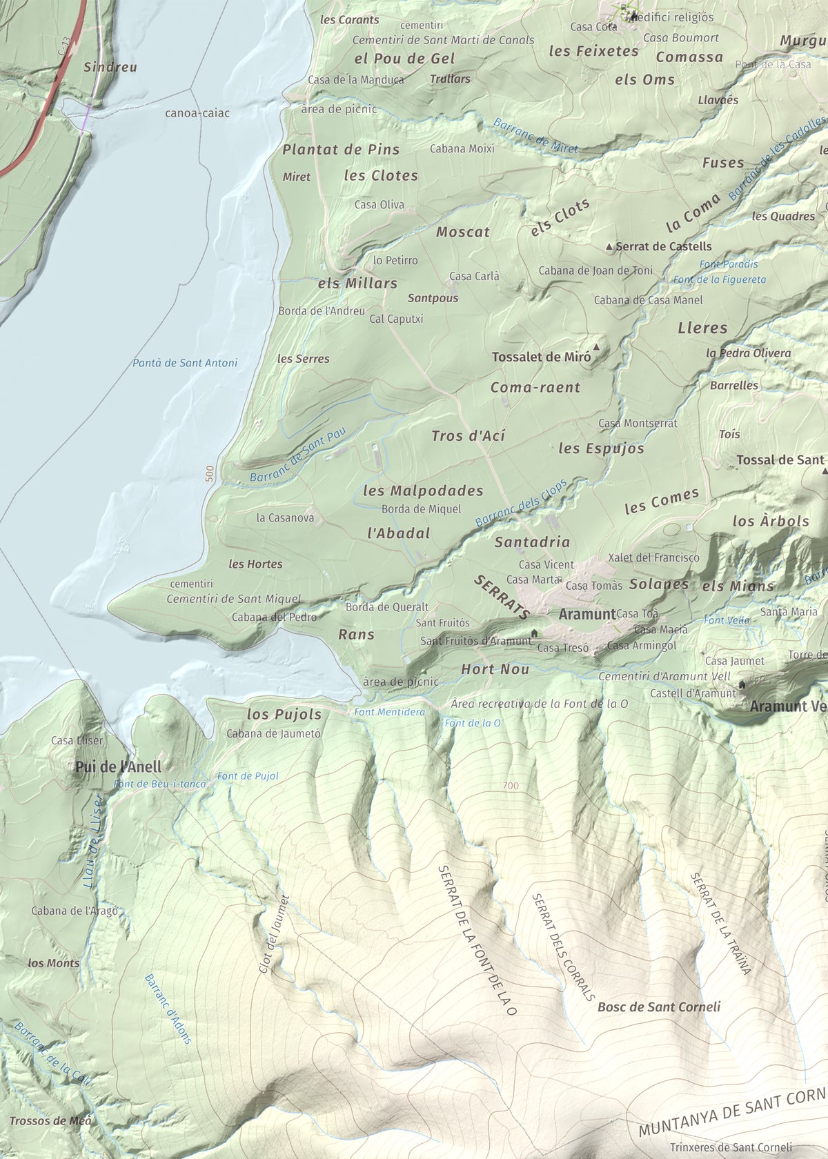Mapa de relieve de Sant Corneli, 1351 m, Pallars Jussà, lámina 100 Cims de Trobart. Detalle de la zona superior izquierda. 50 × 70 cm.