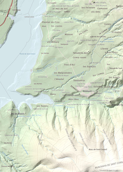 Mapa de relieve de Sant Corneli, 1351 m, Pallars Jussà, lámina 100 Cims de Trobart. Detalle de la zona superior izquierda. 50 × 70 cm.