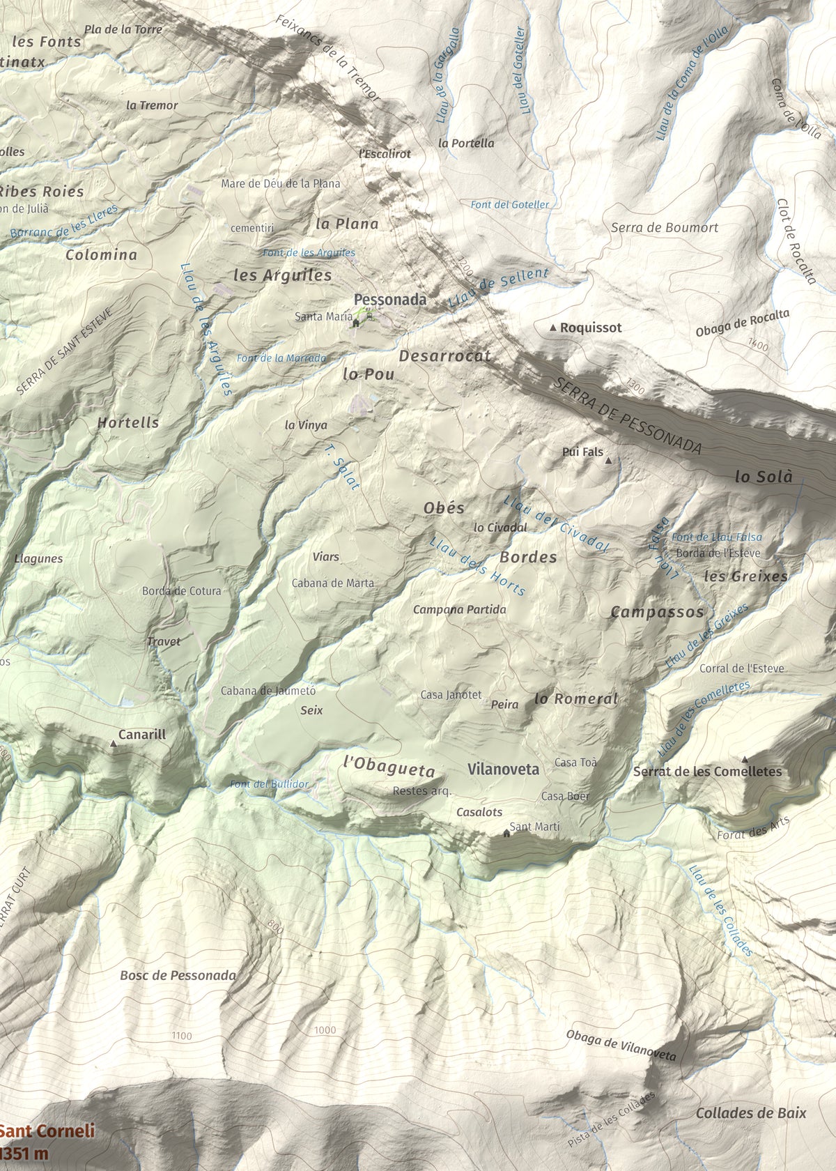 Mapa de relieve de Sant Corneli, 1351 m, Pallars Jussà, lámina 100 Cims de Trobart. Detalle de la zona superior derecha. 50 × 70 cm.