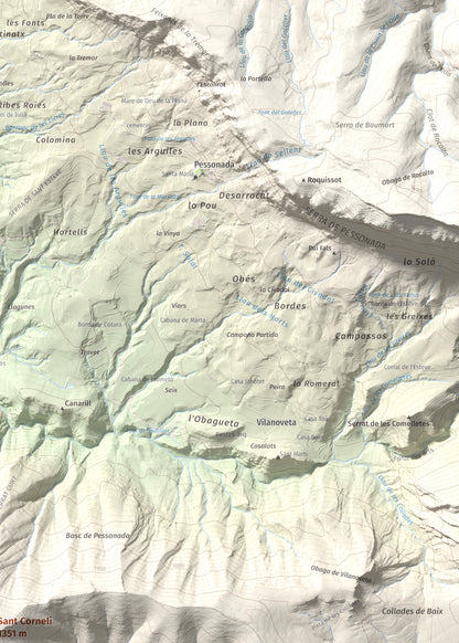 Mapa de relieve de Sant Corneli, 1351 m, Pallars Jussà, lámina 100 Cims de Trobart. Detalle de la zona superior derecha. 50 × 70 cm.
