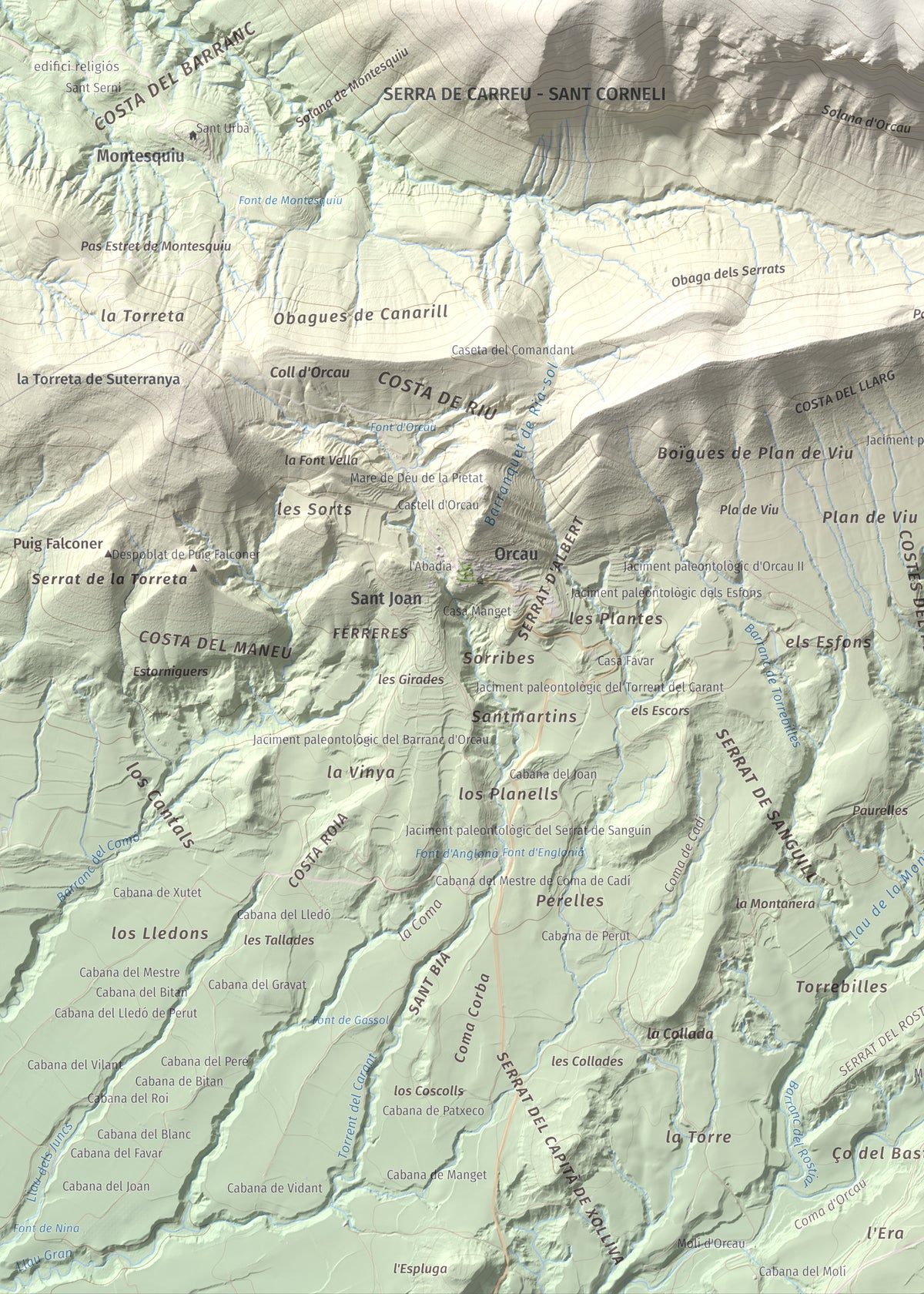 Mapa de relieve de Sant Corneli, 1351 m, Pallars Jussà, lámina 100 Cims de Trobart. Detalle de la zona inferior izquierda. 50 × 70 cm.