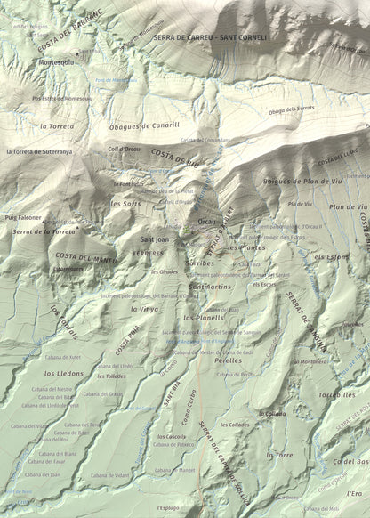 Mapa de relieve de Sant Corneli, 1351 m, Pallars Jussà, lámina 100 Cims de Trobart. Detalle de la zona inferior izquierda. 50 × 70 cm.