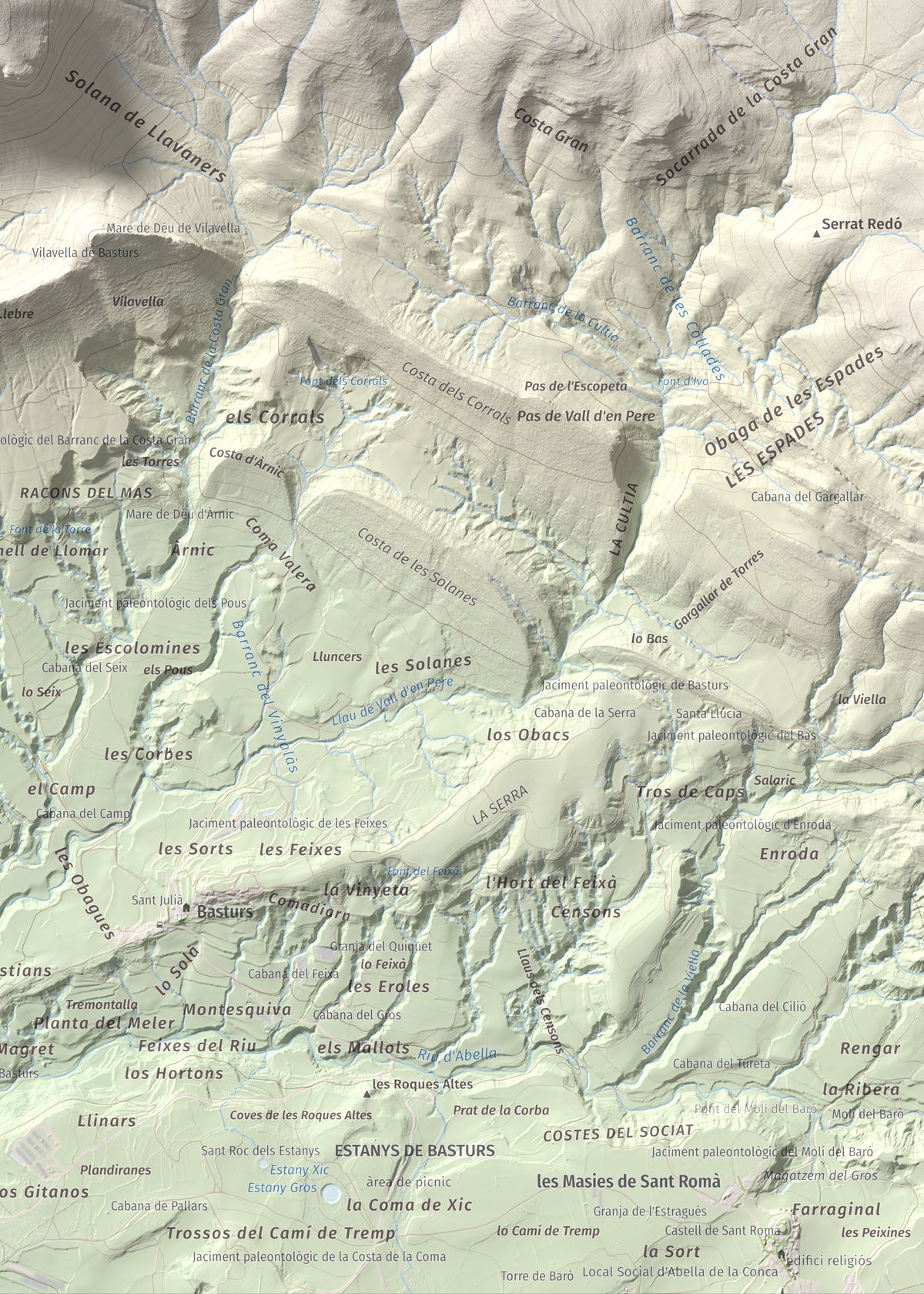 Mapa de relieve de Sant Corneli, 1351 m, Pallars Jussà, lámina 100 Cims de Trobart. Detalle de la zona inferior derecha. 50 × 70 cm.