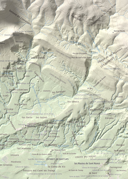 Mapa de relieve de Sant Corneli, 1351 m, Pallars Jussà, lámina 100 Cims de Trobart. Detalle de la zona inferior derecha. 50 × 70 cm.