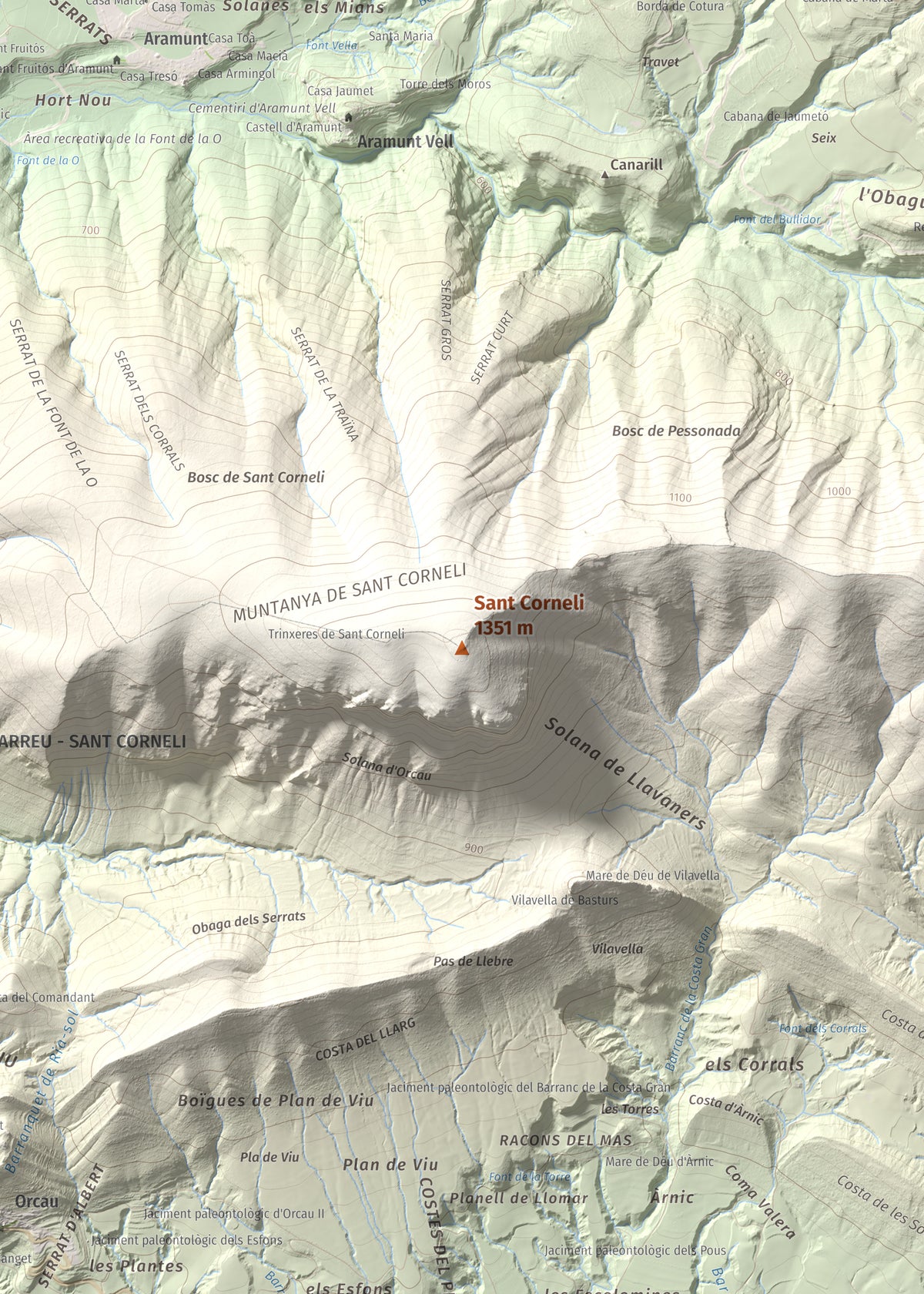Mapa de relieve de Sant Corneli, 1351 m, Pallars Jussà, lámina 100 Cims de Trobart. Detalle de la zona central. 50 × 70 cm.