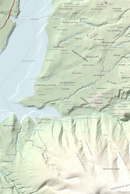 Mapa de relieve de Sant Corneli, 1351 m, Pallars Jussà, lámina 100 Cims de Trobart. Detalle de la zona superior izquierda. 61 × 91 cm.