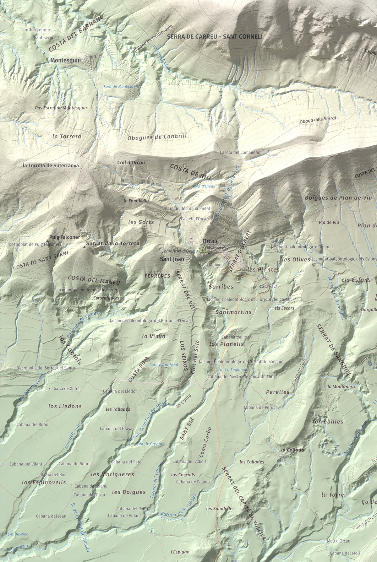 Mapa de relieve de Sant Corneli, 1351 m, Pallars Jussà, lámina 100 Cims de Trobart. Detalle de la zona inferior izquierda. 61 × 91 cm.