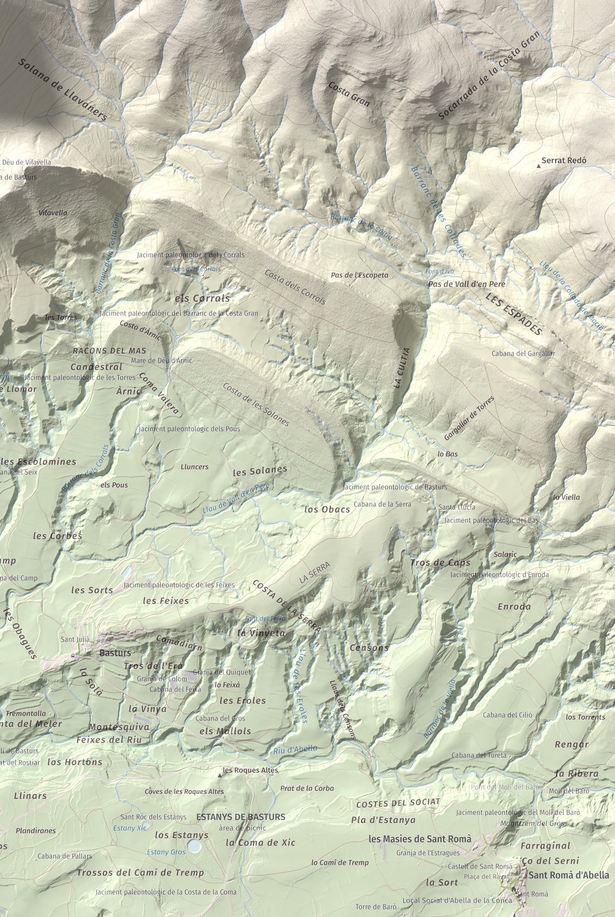 Mapa de relieve de Sant Corneli, 1351 m, Pallars Jussà, lámina 100 Cims de Trobart. Detalle de la zona inferior derecha. 61 × 91 cm.