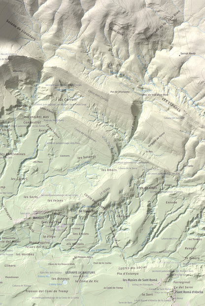 Mapa de relieve de Sant Corneli, 1351 m, Pallars Jussà, lámina 100 Cims de Trobart. Detalle de la zona inferior derecha. 61 × 91 cm.