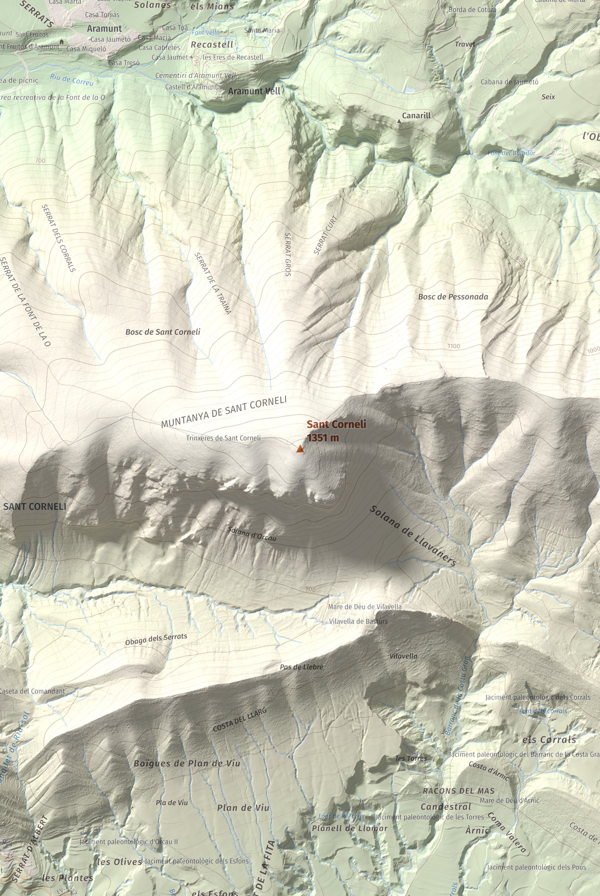 Mapa de relieve de Sant Corneli, 1351 m, Pallars Jussà, lámina 100 Cims de Trobart. Detalle de la zona central. 61 × 91 cm.