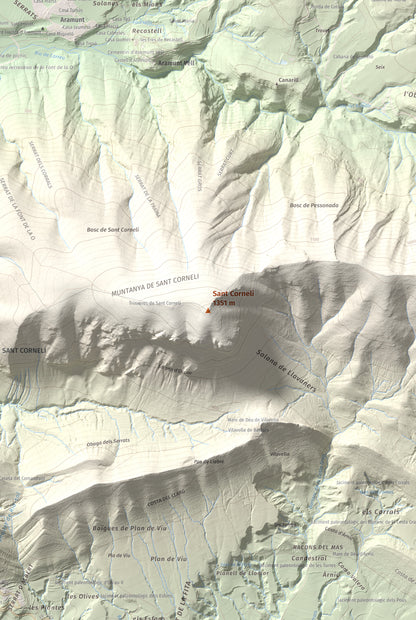 Mapa de relieve de Sant Corneli, 1351 m, Pallars Jussà, lámina 100 Cims de Trobart. Detalle de la zona central. 61 × 91 cm.