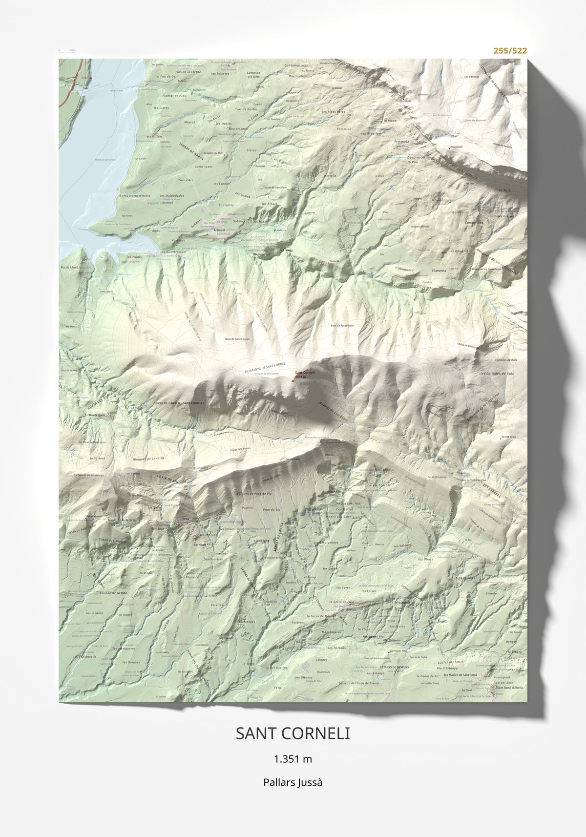 Mapa de relieve de Sant Corneli, 1351 m, Pallars Jussà, lámina 100 Cims de Trobart 70 × 100 cm.
