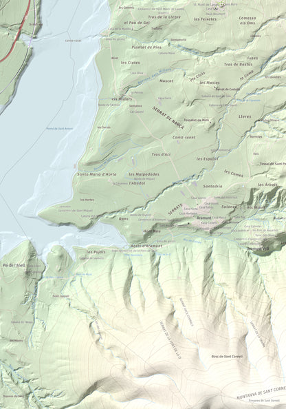 Mapa de relieve de Sant Corneli, 1351 m, Pallars Jussà, lámina 100 Cims de Trobart. Detalle de la zona superior izquierda. 70 × 100 cm.