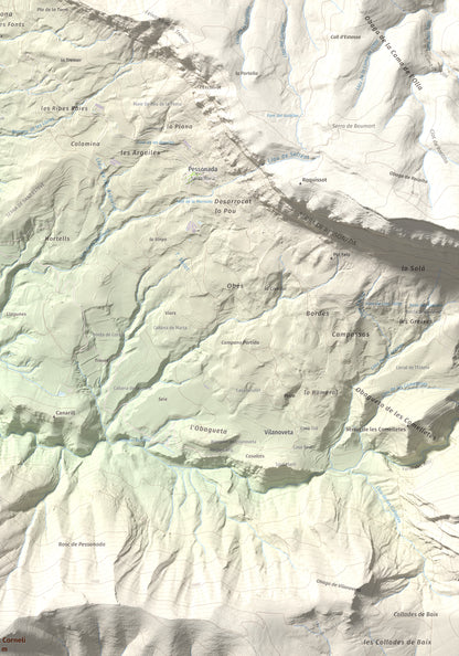 Mapa de relieve de Sant Corneli, 1351 m, Pallars Jussà, lámina 100 Cims de Trobart. Detalle de la zona superior derecha. 70 × 100 cm.
