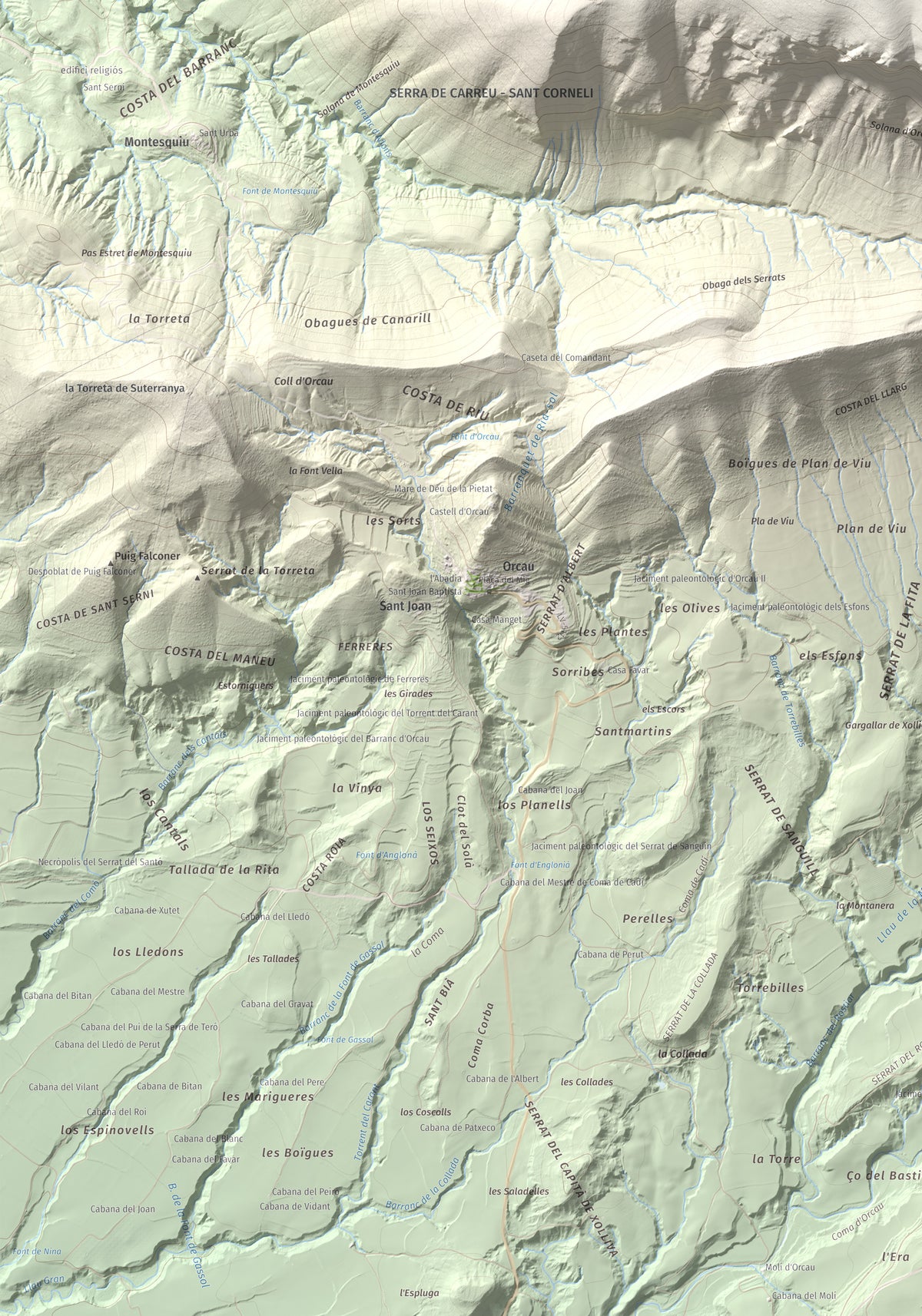 Mapa de relieve de Sant Corneli, 1351 m, Pallars Jussà, lámina 100 Cims de Trobart. Detalle de la zona inferior izquierda. 70 × 100 cm.